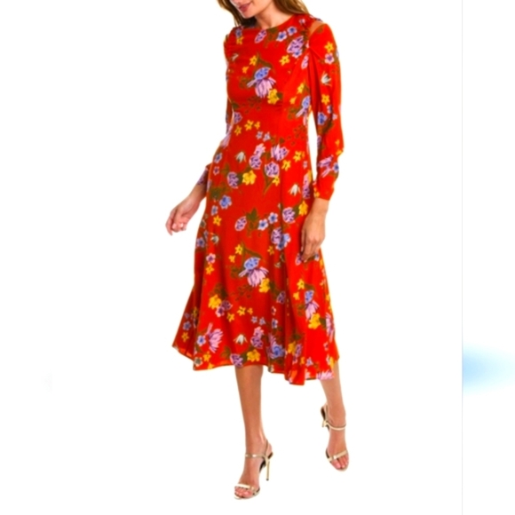 Elie Tahari Holland SILK Blend Fit & Flare Floral Midi-Dress Cold Shldr Sz 6 NWT - Picture 6 of 13